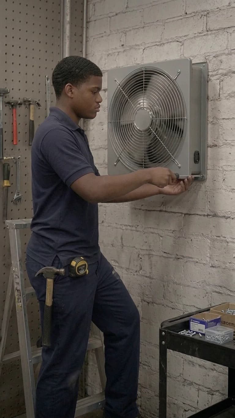 Technician installing industrial wall-mounted fan in workshop